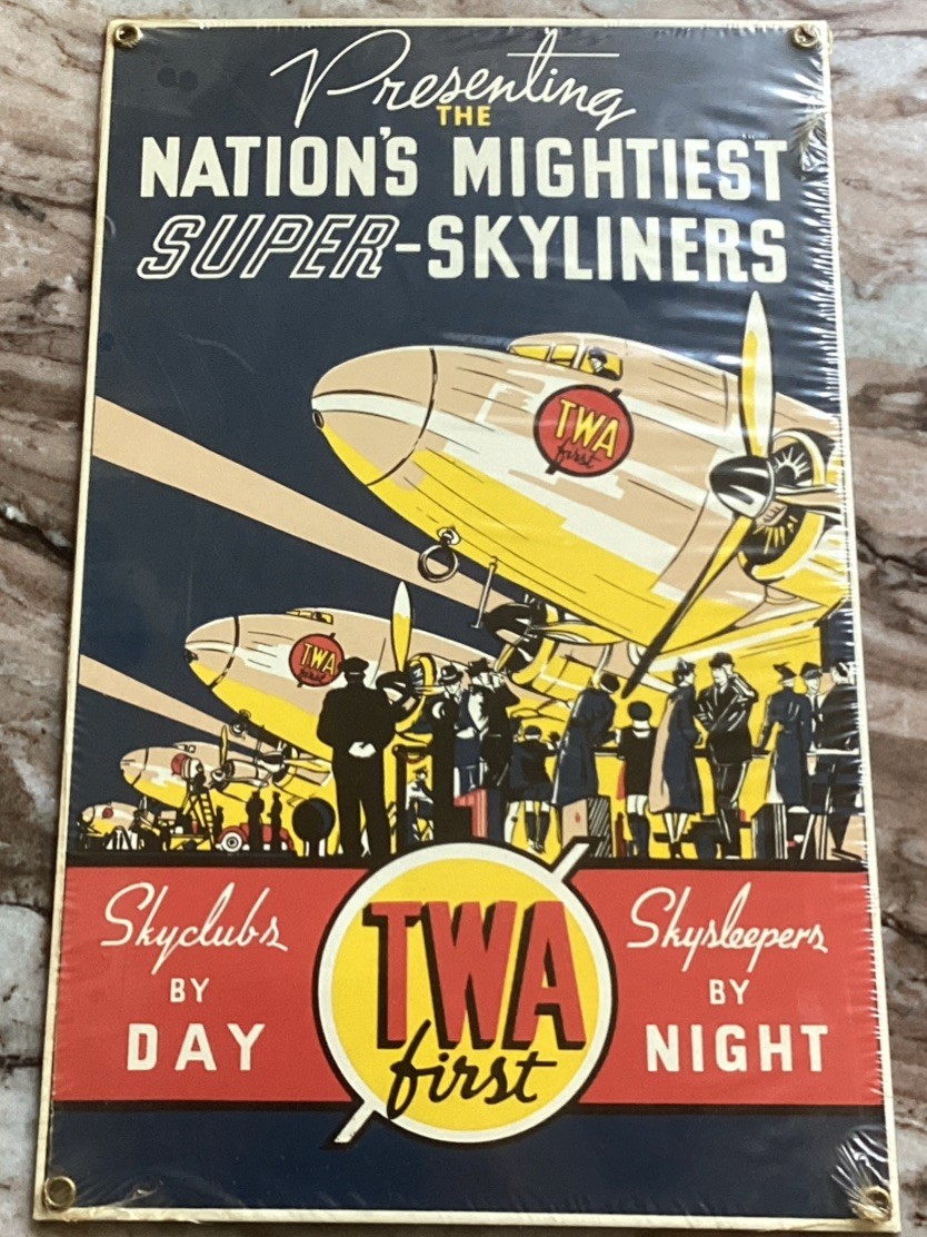 Vintage Ande Rooney TWA Super Skyliners Aviation Enameled Porcelain Sign