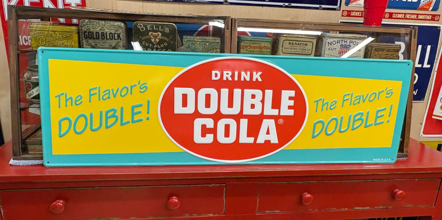 “DOUBLE COLA” LARGE EMBOSSED METAL ADVERTISING SIGN, (42″x 14″) NICE CONDITION