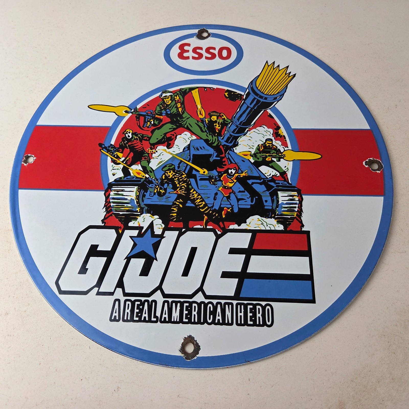 Vintage Esso G.I. Joe Tank Porcelain Sign – Real American Hero Gas Sign