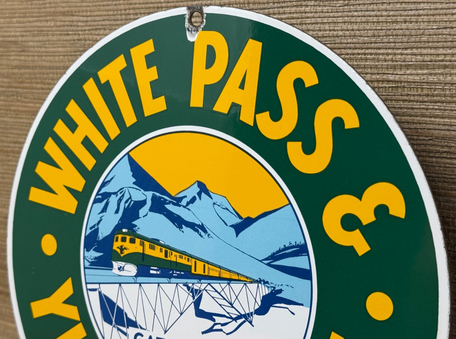 VINTAGE WHITE PASS & YUKON ROUTE PORCELAIN SIGN TRAIN STATION RAIL ROAD GAS OIL