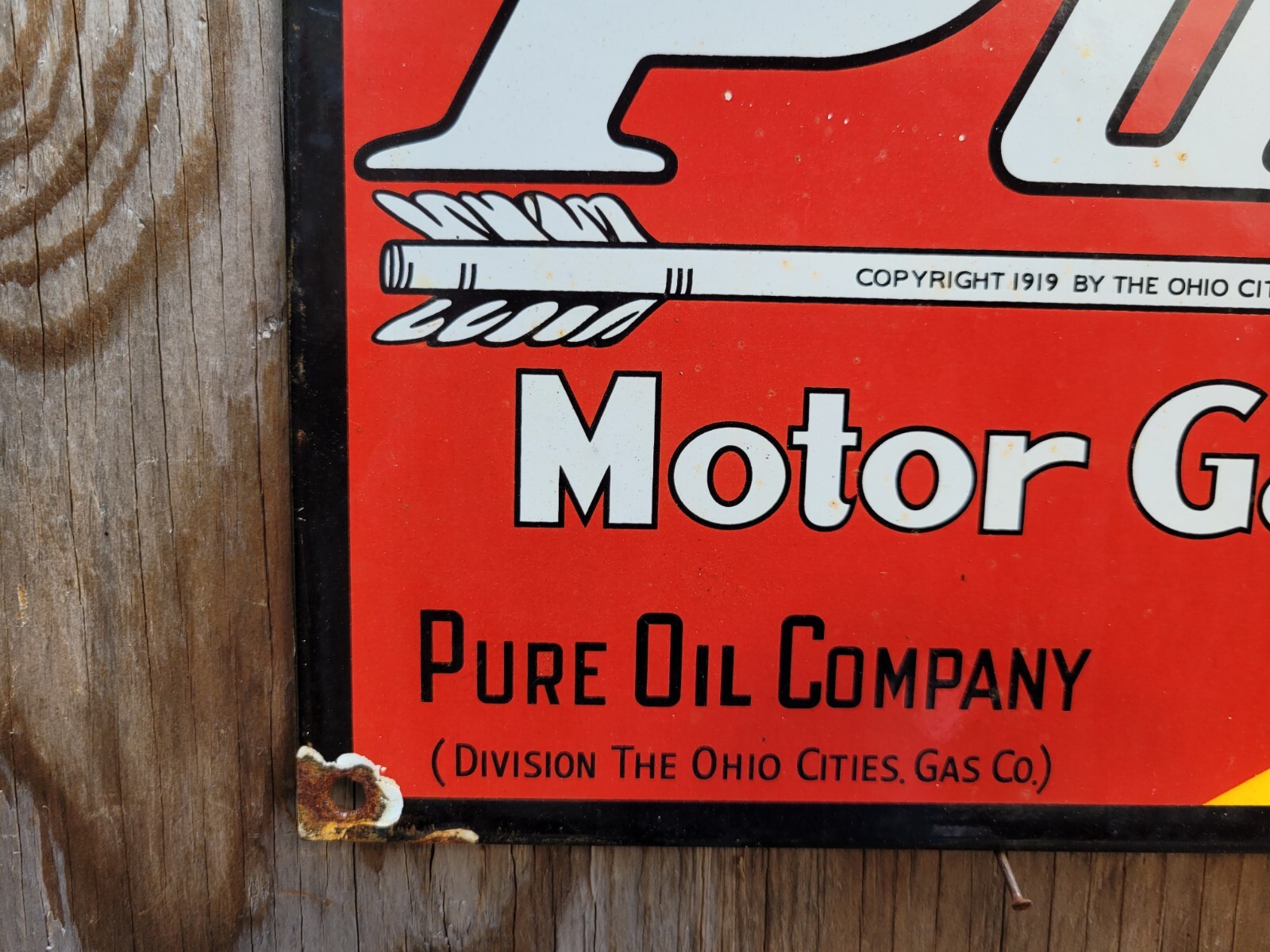 VINTAGE PURE OIL PORCELAIN SIGN OLD PUROL MOTOR LUBE GASOLINE CITIES GAS CO 12″