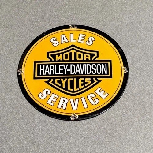VINTAGE 12” HARLEY DAVIDSON SALES PORCELAIN SIGN CAR GAS MOTORCYCLE TRUCK OIL