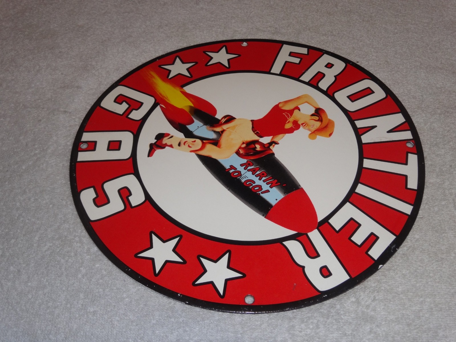 VINTAGE FRONTIER GASOLINE WOMAN ON ROCKET 11 3/4″ PORCELAIN METAL GAS & OIL SIGN