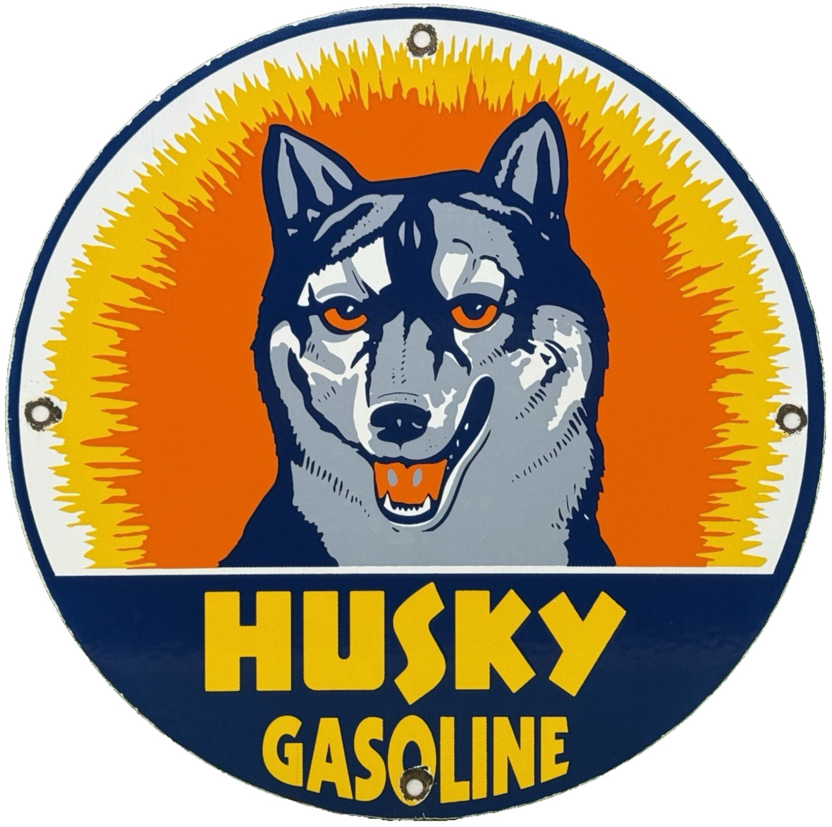 VINTAGE HUSKY GASOLINE PORCELAIN SIGN K-9 GAS STATION PUMP PLATE MOTOR OIL DOG