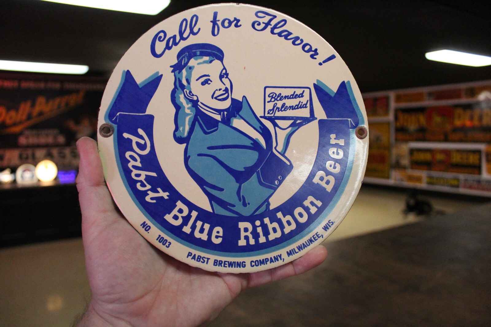RARE PABST BLUE RIBBON BEER CALL LADY DEALER PORCELAIN METAL SIGN WISCONSIN
