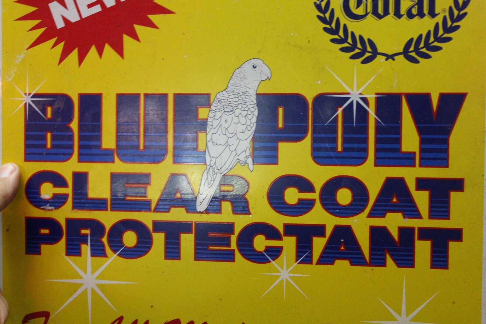 RARE VINTAGE BLUE CORAL BLUE POLY CLEAR COAT PROTECTANT PAINTED TIN TACKER SIGN