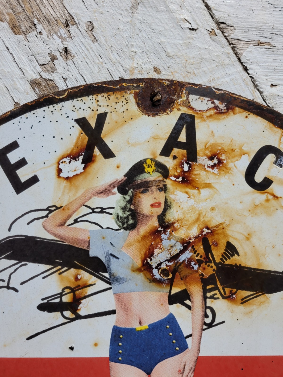 VINTAGE TEXACO PORCELAIN SIGN OLD 12″ AVIATION GAS MOTOR OIL WOMAN PILOT SAILOR