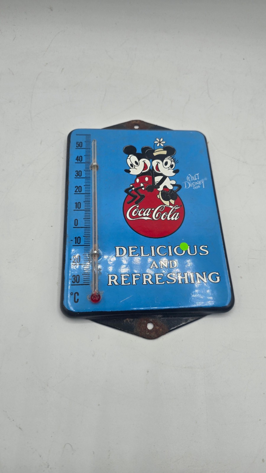 VINTAGE 7.5” x 5″ Mickey Minnie PORCELAIN THERMOMETER SIGN CAR GAS OIL TRUCK