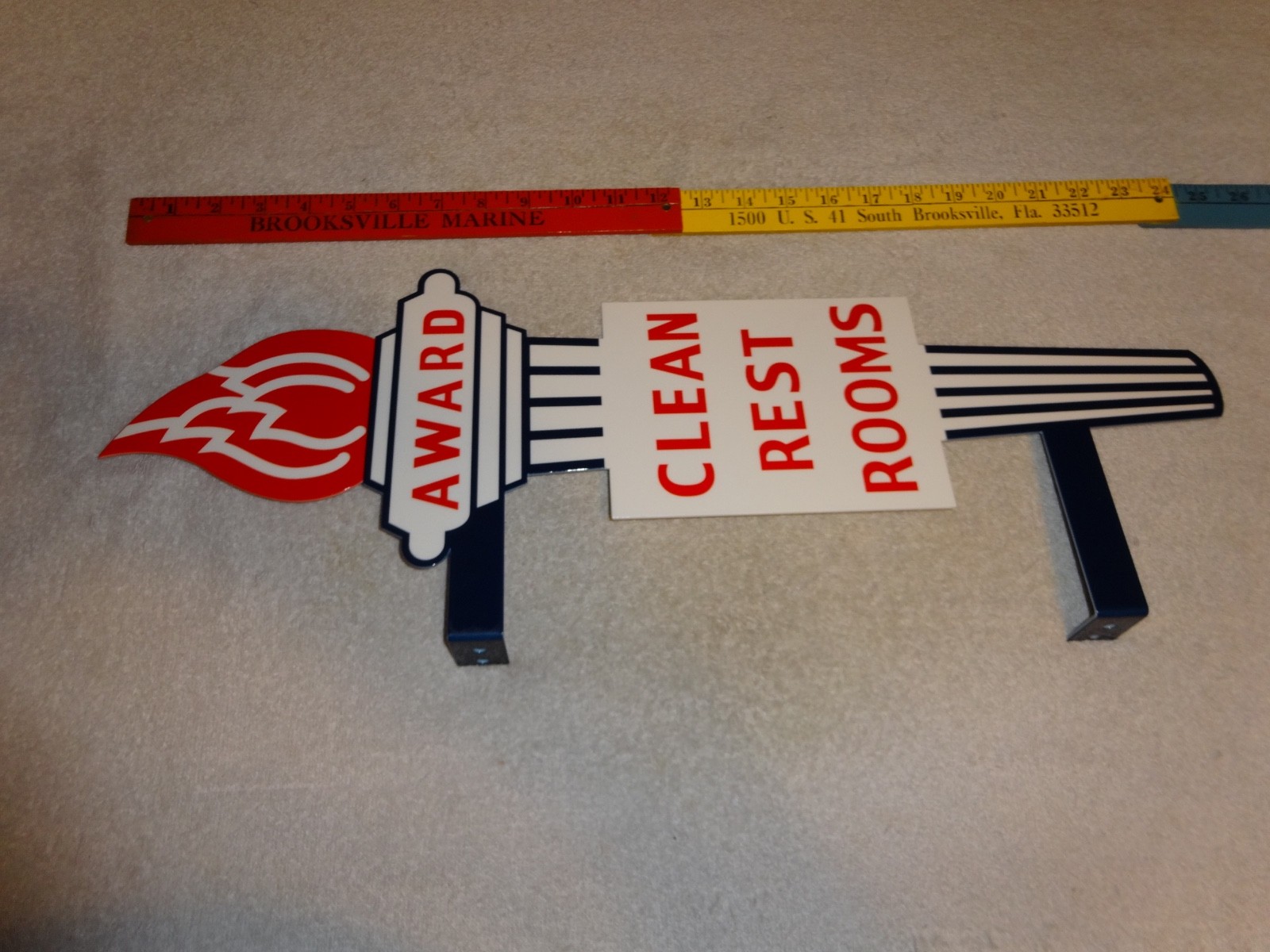 VINTAGE STANDARD GASOLINE TORCH CLEAN RESTROOM HUGE 2′ METAL AWARD BATHROOM SIGN