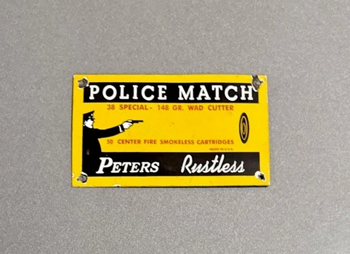 VINTAGE PETERS RUSTLESS AMMUNITION PORCELAIN SIGN CAR GAS MOTORCYCLE TRUCK OIL
