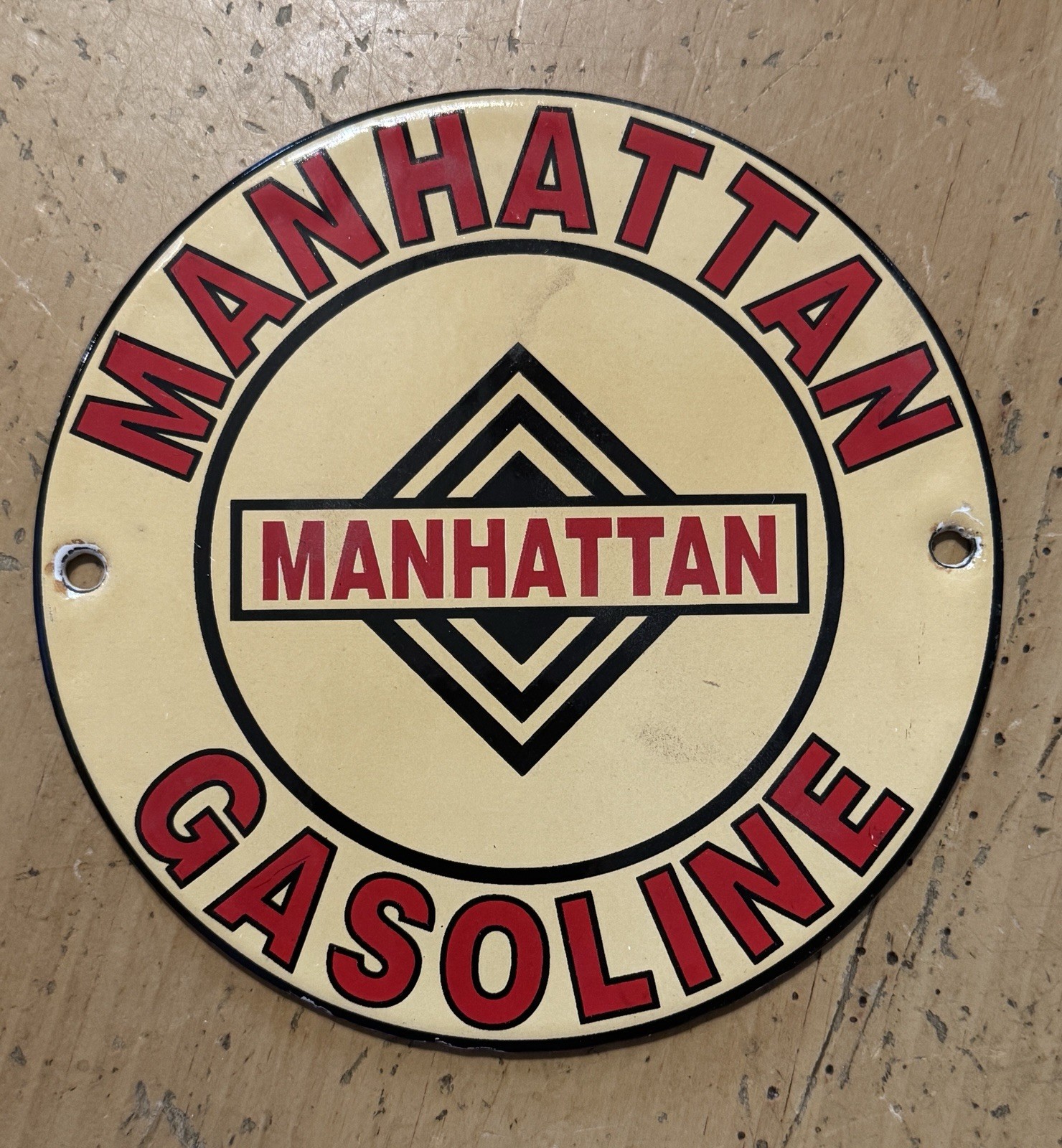 Manhattan Gasoline Sign – Gas Station Service Pump 6″ Porcelain Sign