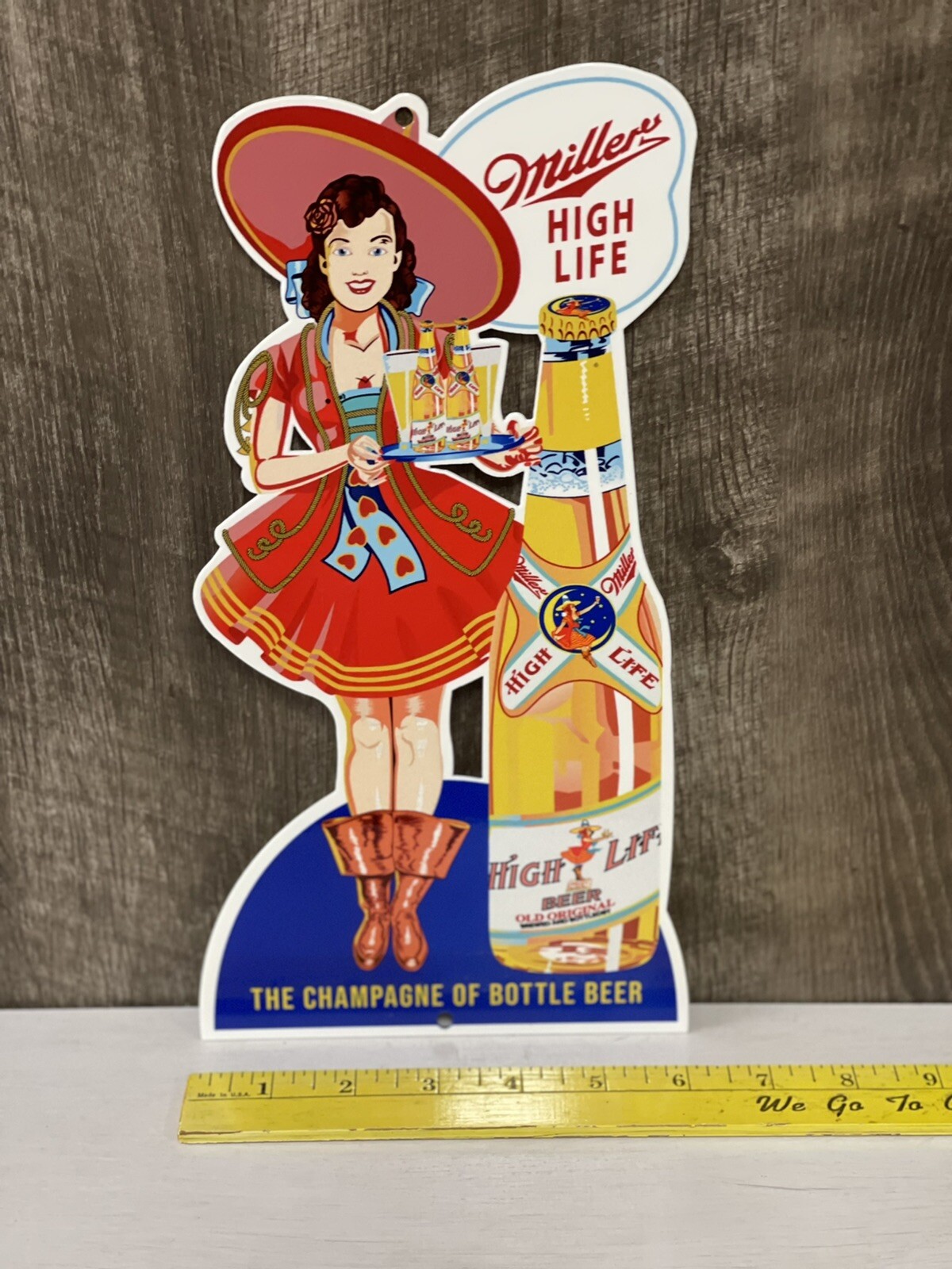 Miller High Life Die Cut Metal Sign Beer Champagne Or Bottled Beer Pin Up Tavern