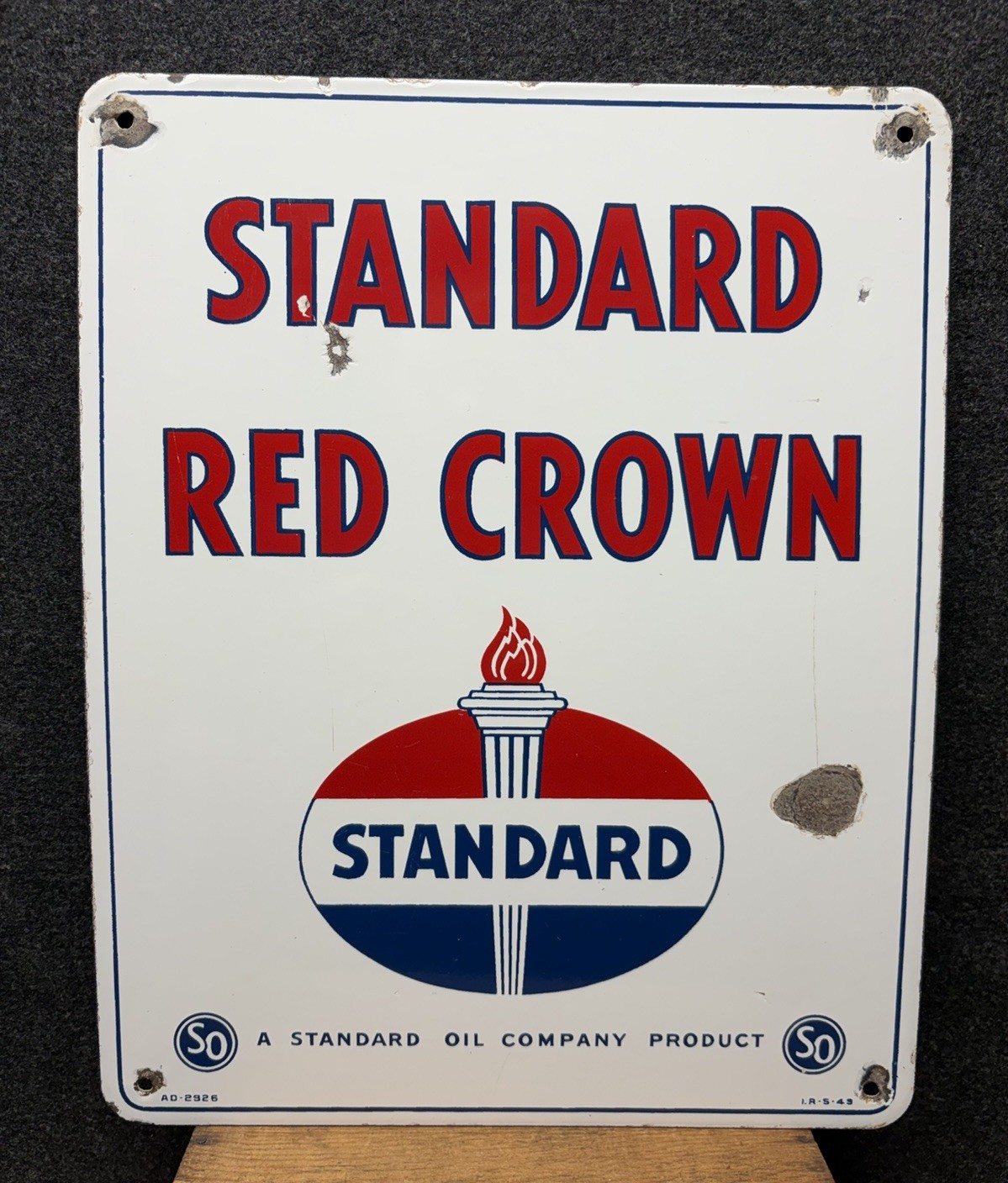 Vtg 1949 Standard Oil Red Crown Gasoline Porcelain Gas Pump Plate Sign 15” X 12”