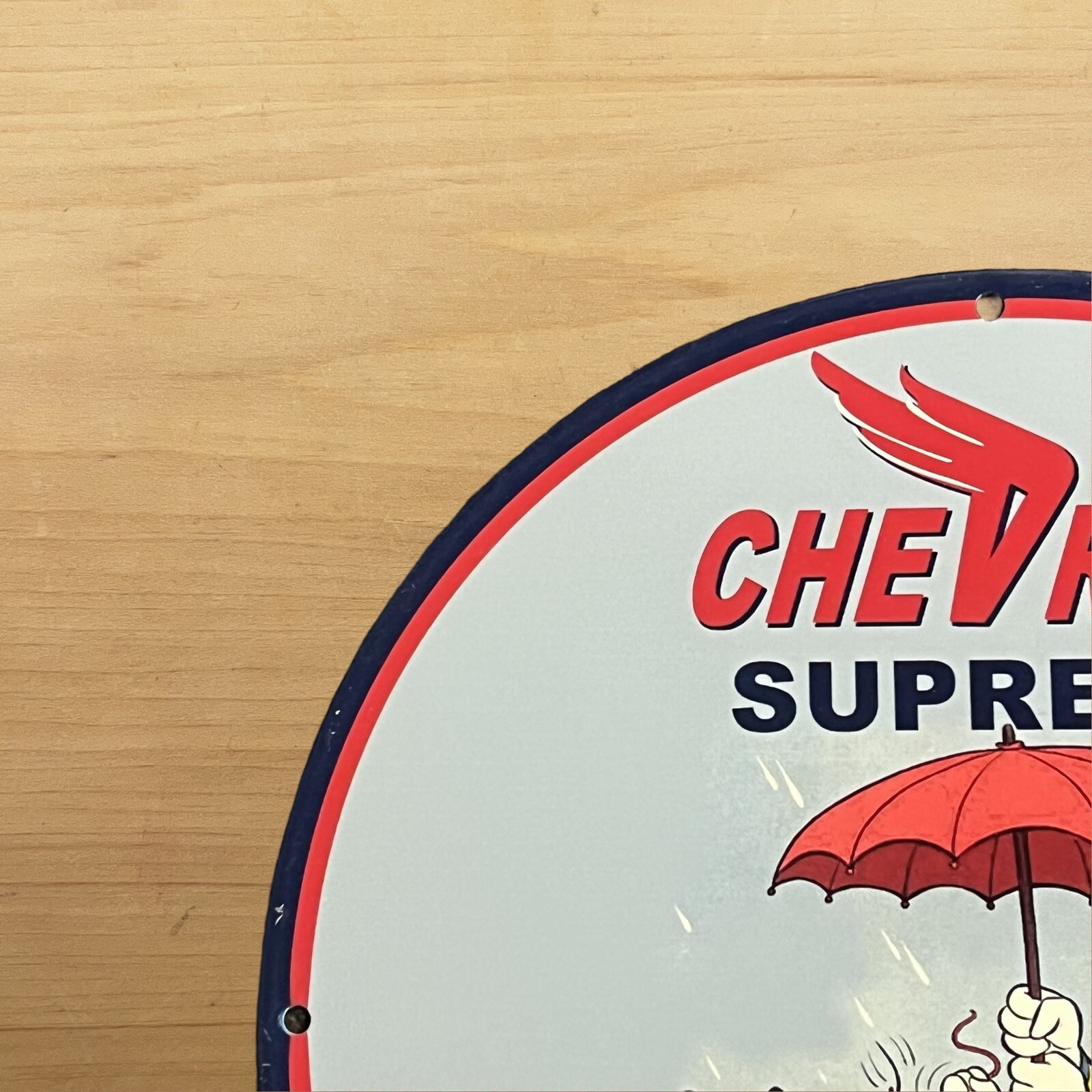 VINTAGE CHEVRON PORCELAIN SIGN DISNEY SUPREME GASOLINE OIL STATION PUMP PLATE AD