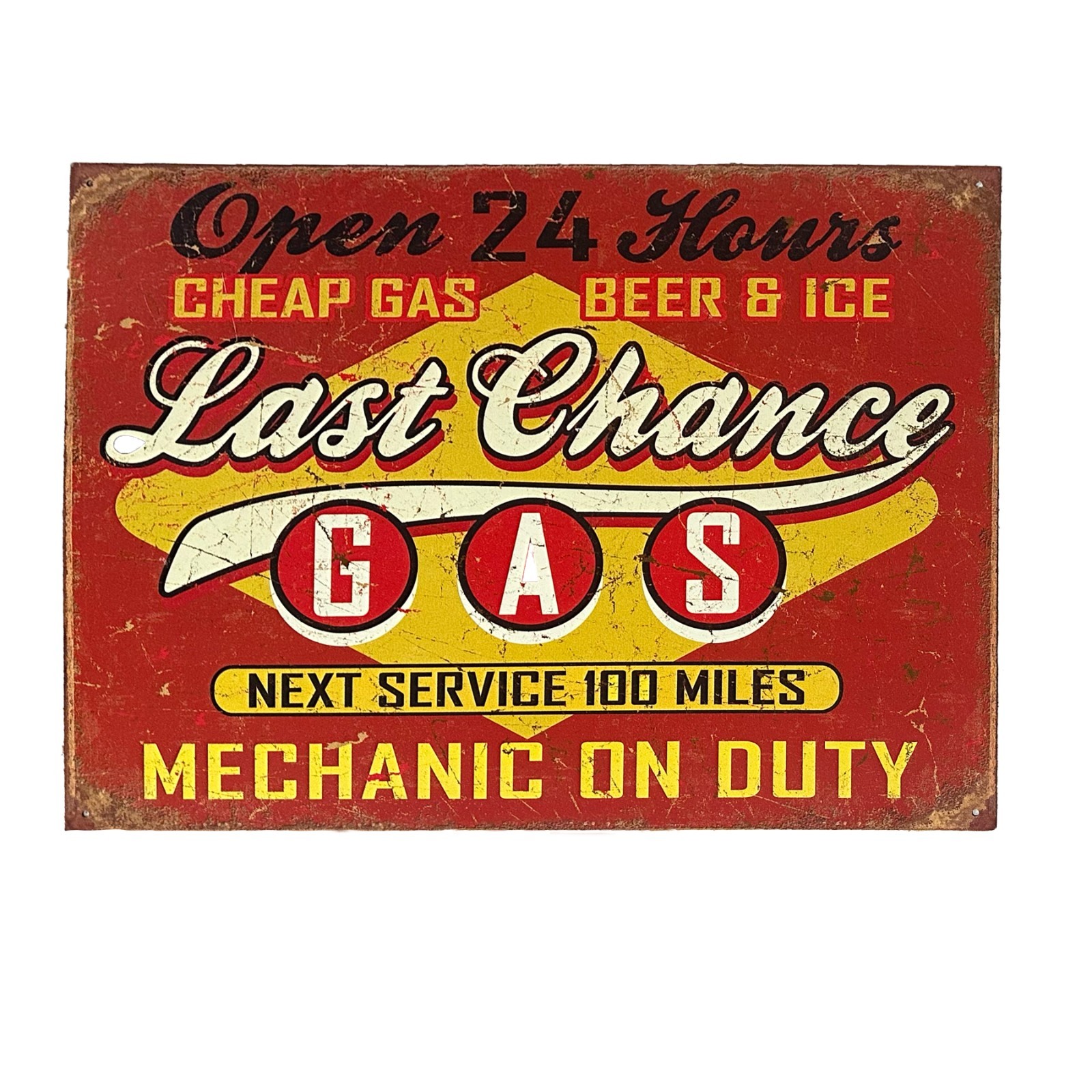 Vintage Style “Last Chance Gas” Metal Sign – Open 24 Hours Cheap Gas Beer & Ice