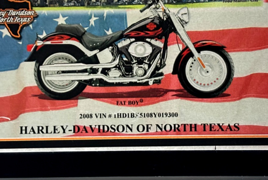 Harley Davidson North Texas Motorcycle Sign 2008 Fatboy Custom Ownership Plaque