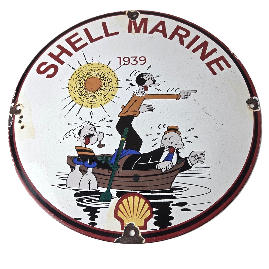 Vintage Shell Gasoline Sign – Popeye Sailor Gas Pump Mechanic Porcelain Sign