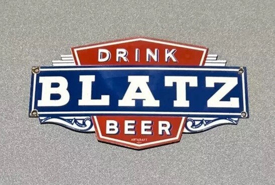 VINTAGE 12” BLATZ BEER ALCOHOL PORCELAIN SIGN CAR GAS OIL TRUCK MOTORCYCLE