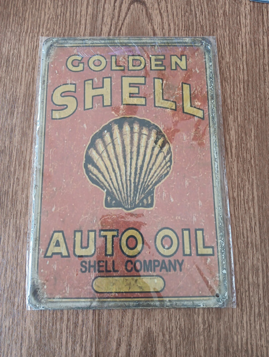 Golden Shell Auto Oil Metal Sign Tin Reproduction Sign NEW Man Cave Decor 8×12