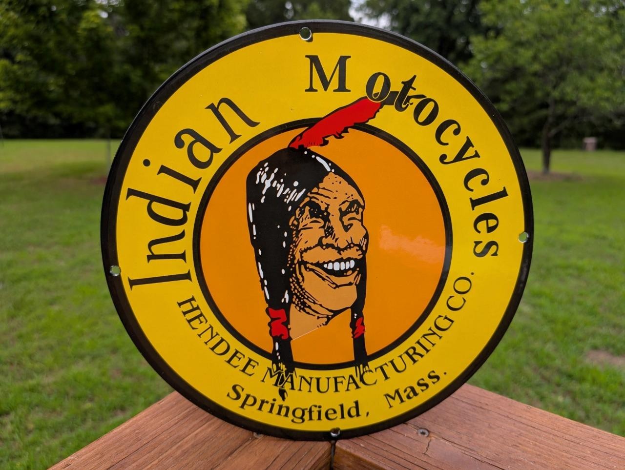 PORCELAIN INDIAN MOTORCYCLE SIGN HENDEE MANUFACTURING CO SPRINGFIELD MA 12 INCH