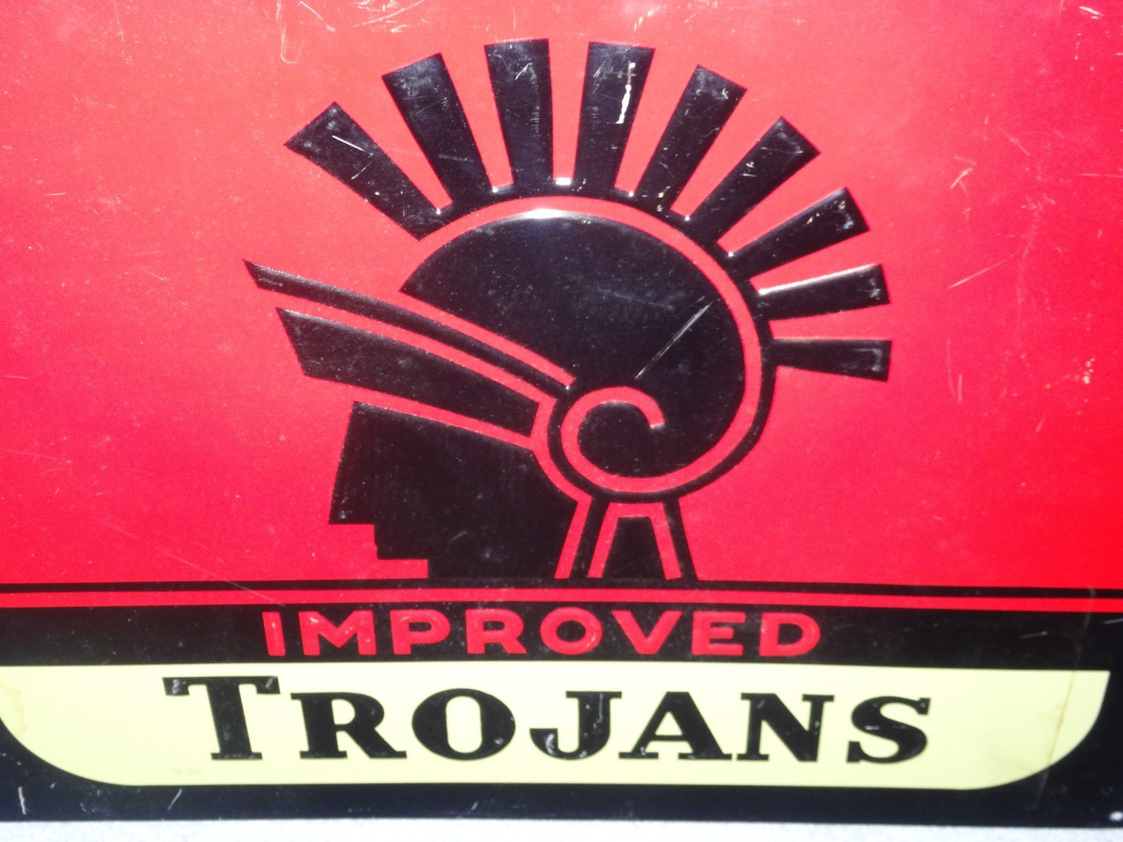 ANTIQUE ORIGINAL IMPROVED TROJANS MOTOR OIL W/ TROJAN 13.25″ METAL GASOLINE SIGN