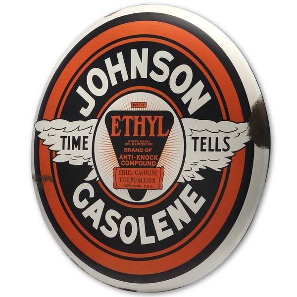 Johnson Gasolene Time Tells 24″ Round Button Metal Sign Vintage Inspired Design