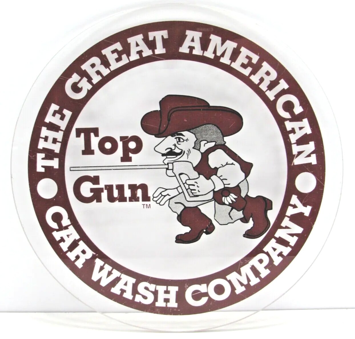 Top Gun Car Wash COWBOY Advertisement Sign Round Plexiglass Plaque 10″ #CB