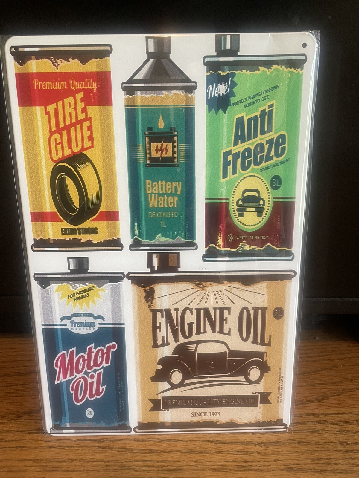 COOL MOTOR OIL-TIRE GLUE-ANTI FREEZE BATTERY WATER VINTAGE METAL SIGN 8X12” NIP