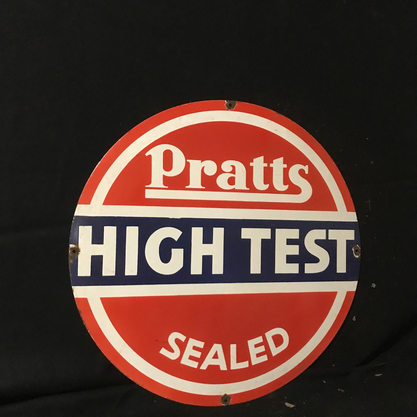 PRATTS HIGH TEST SEAL GASOLINE ADVERTISING PORCELAIN ENAMEL SIGN 30 IN ROUND SS