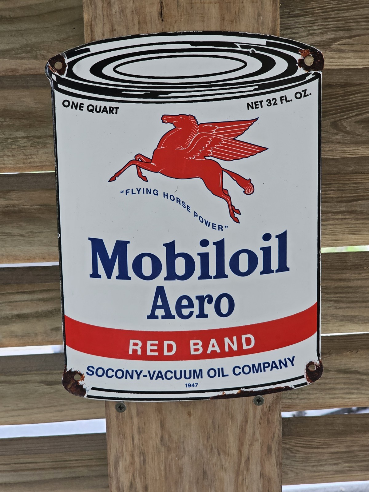 OLD VINTAGE 1947 MOBILOIL AERO CAN PORCELAIN GAS PUMP SIGN MOBIL 11″ X 8″..