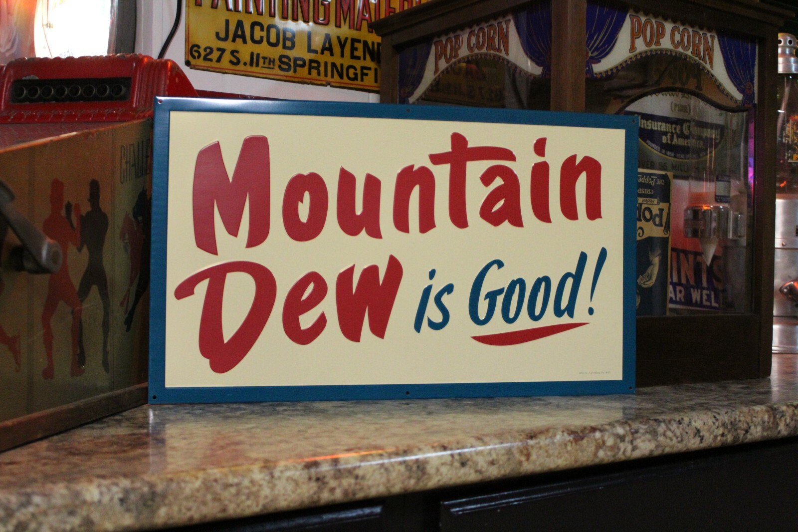 MOUNTAIN DEW IS GOOD SODA POP EMBOSSED METAL SIGN BOTTLE COKE FOUNTAIN GARAGE