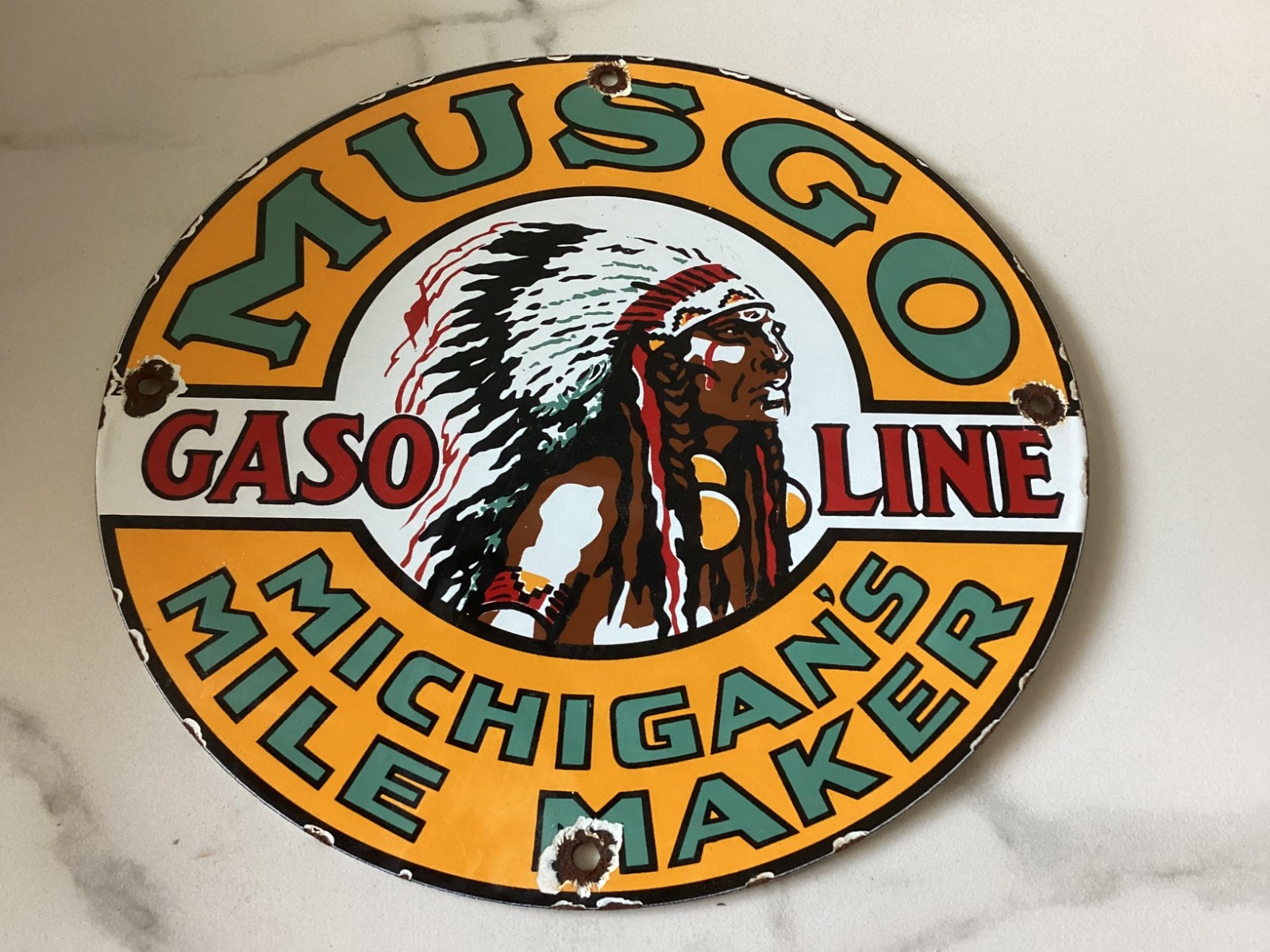 12” VINTAGE MUSGO GASOLINE PORCELAIN SIGN GAS STATION PUMP MOTOR OIL SERVICE,