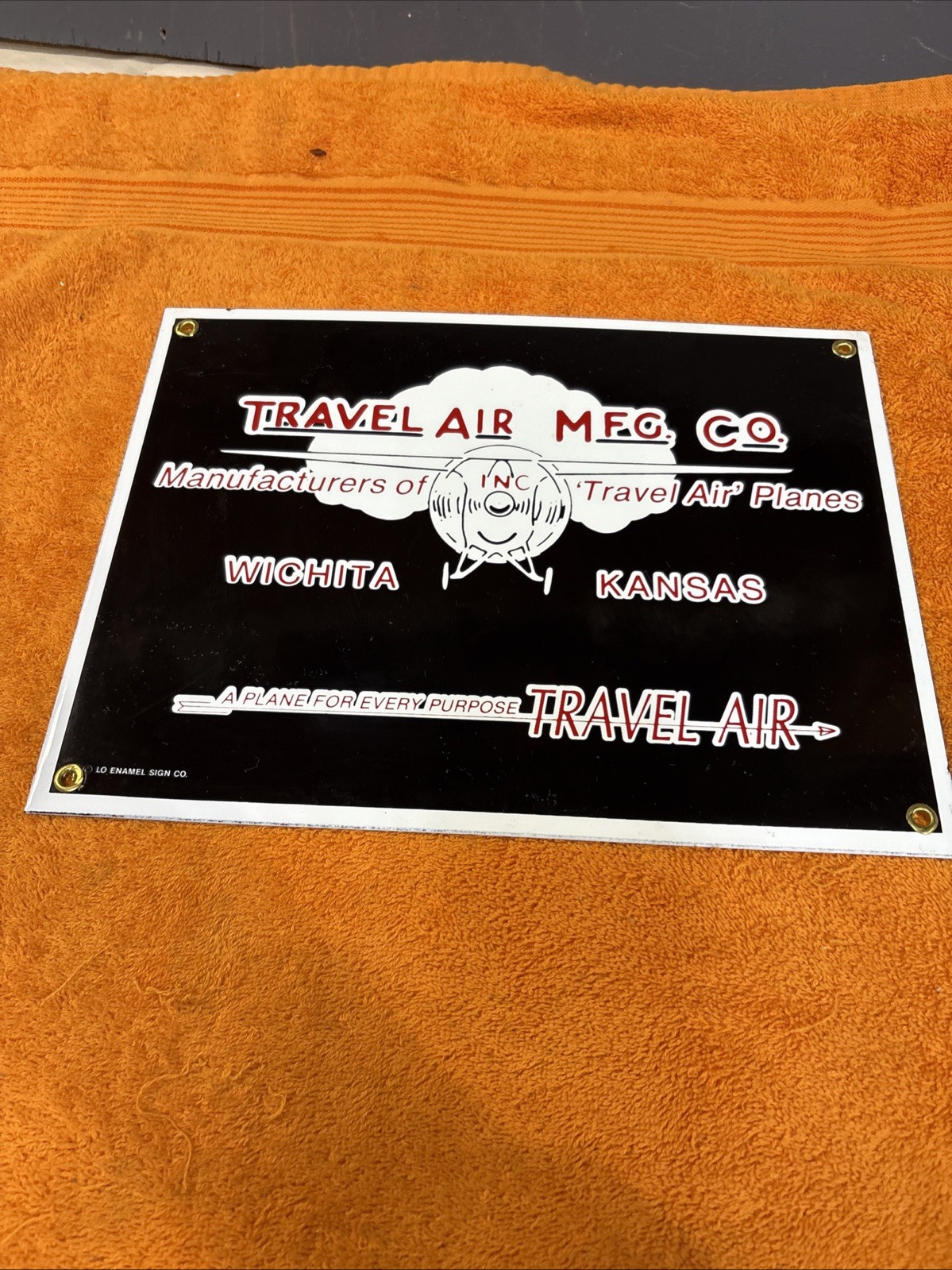 Box2-#13-NOS Vintage Aviation Porcelain Sign Travel Air Mfg. Co. 12” x 9”