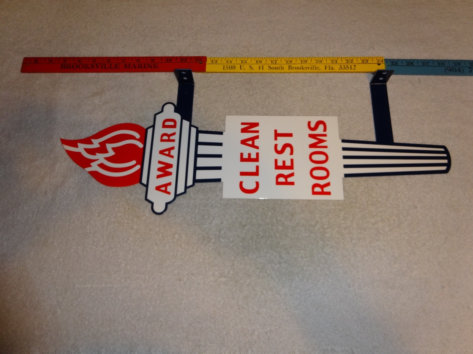 VINTAGE STANDARD GASOLINE TORCH CLEAN RESTROOM HUGE 2′ METAL AWARD BATHROOM SIGN
