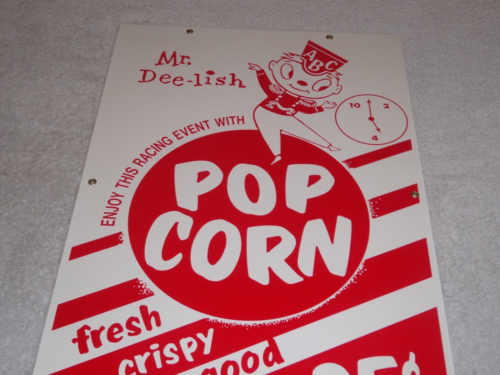 VINTAGE POPCORN 25 CENTS & MR. DEE-LISH 18″ PORCELAIN METAL GASOLINE & OIL SIGN!