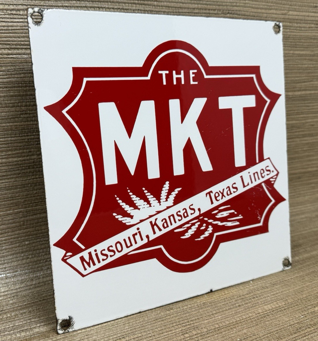 VINTAGE MISSOURI KANSAS TEXAS LINES PORCELAIN SIGN TRAIN STATION GAS OIL RAILWAY