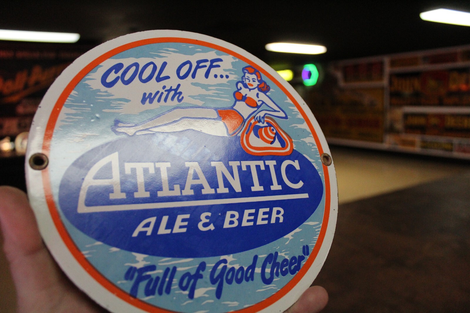 RARE ATLANTIC ALE BEER DEALER PORCELAIN METAL SIGN SWIMSUIT GIRL BEACH MAINE