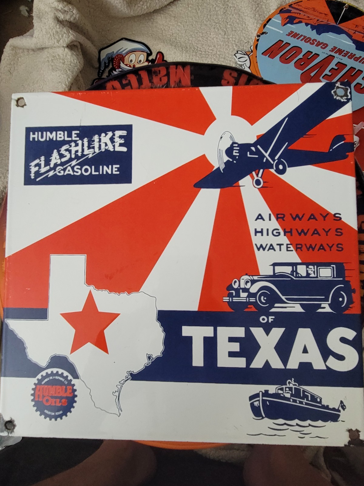 Vintage Humble Gasoline Sign – Gas Motor Oil Pump Porcelain Texas Ad Sign