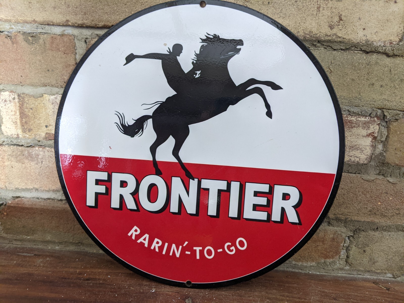 VINTAGE FRONTIER GASOLINE & MOTOR OIL PORCELAIN ENAMEL PUMP SIGN 12″ COWBOY