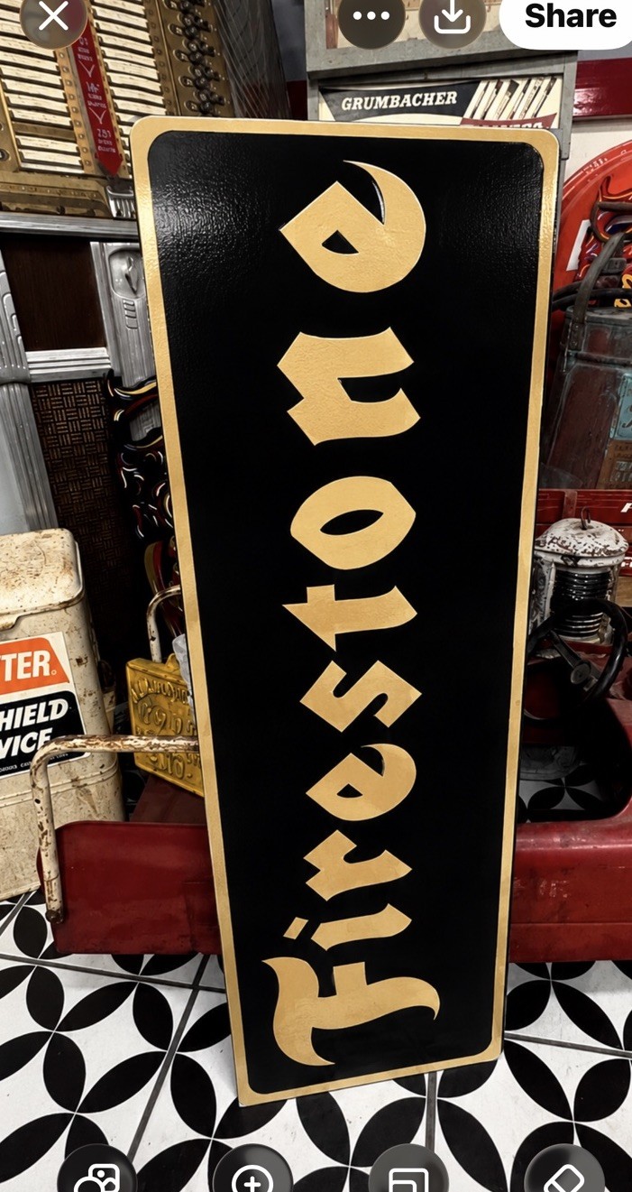 36″ FIRESTONE Black Sign VINTAGE style Hand Painted TIRES CAR TRUCK AUTO OIL GAS