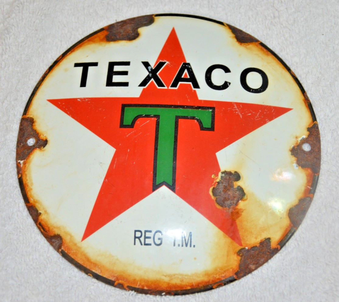 Vtg PORCELAIN TEXACO SIGN W/ RED STAR LOGO + LETTER “T” LOGO, GAS OIL 6″