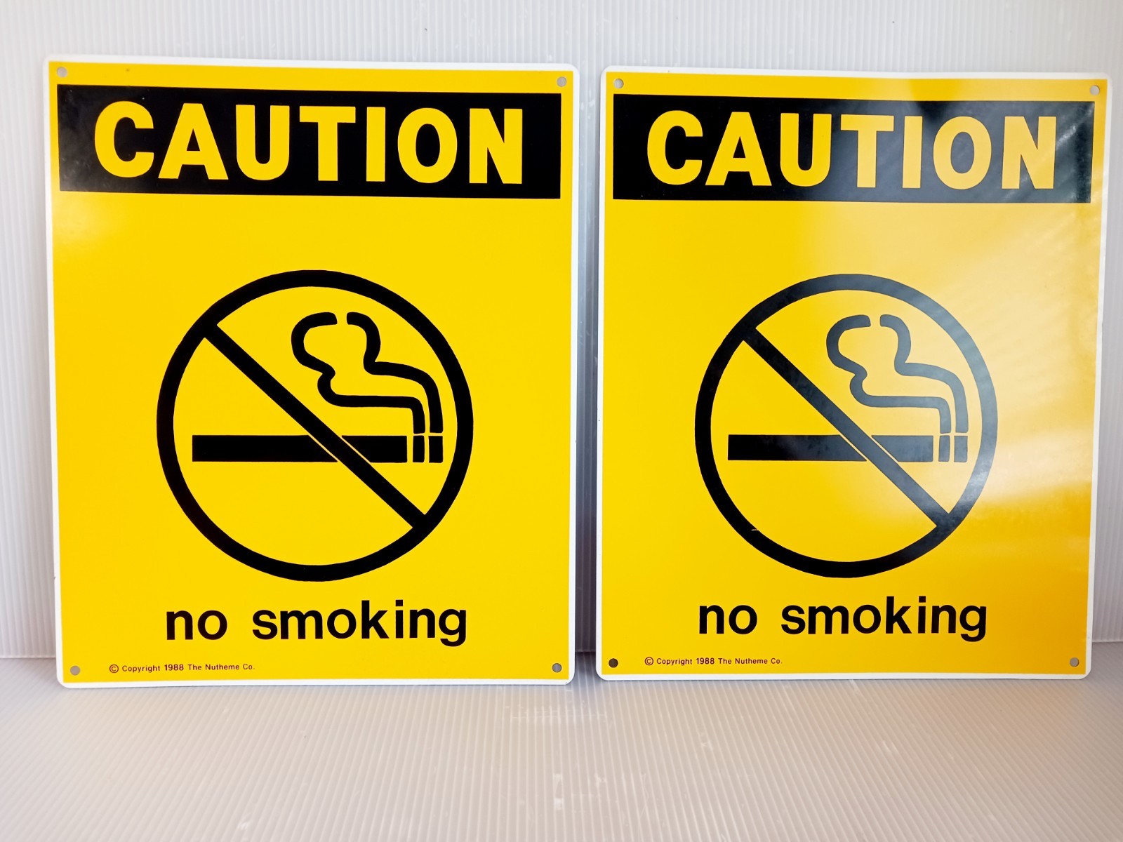 (2) VINTAGE METAL CAUTION NO SMOKING SIGN 12″x10″