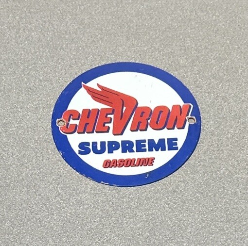 VINTAGE CHEVRON SUPREME PORCELAIN SIGN CAR GAS OIL TRUCK MOTORCYCLE