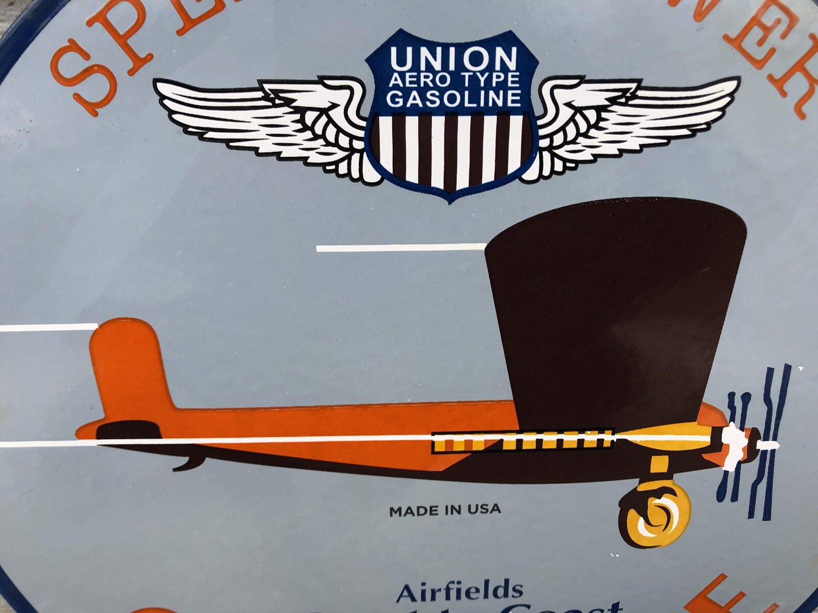 1925 UNION SPEED & POWER AERO GASOLINE PORCELAIN GAS STATION PUMP SIGN AIRFIELDS