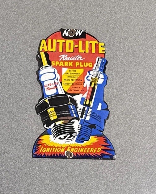 VINTAGE 12” AUTO LITE SPARK PLUG PORCELAIN SIGN CAR GAS TRUCK OIL MOTORCYCLE