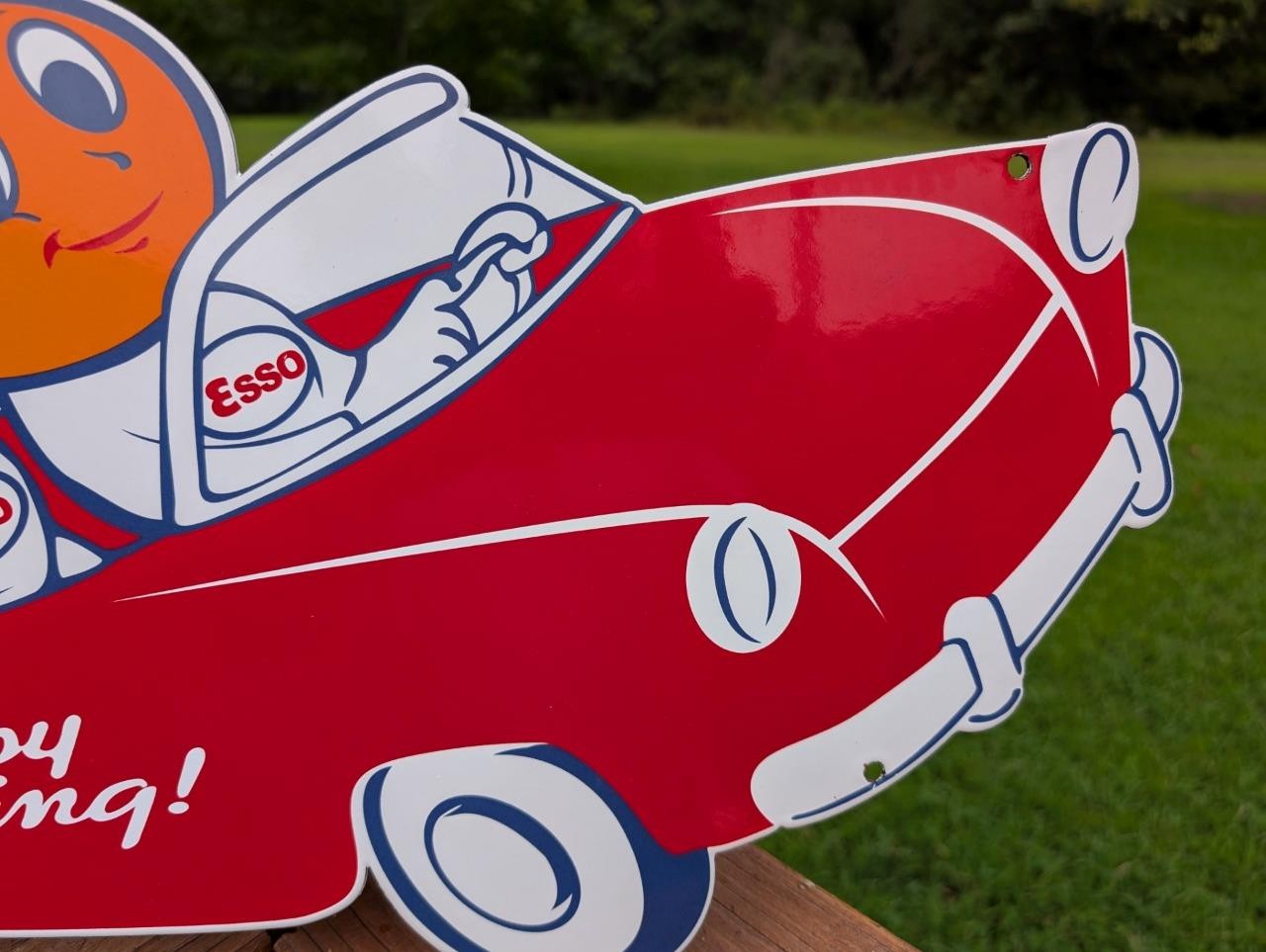 LARGE PORCELAIN ESSO BOY GIRL IN CAR HAPPY MOTORING SIGN 20″ LONG OIL DROP GAS