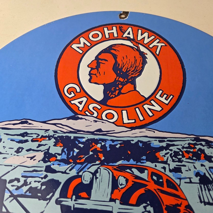 Vintage Mohawk Gasoline Sign – Porcelain American Indian Gas Motor Oil Pump Sign