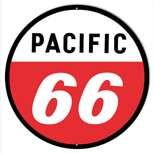 PACIFIC 66 GASOLINE MOTOR OIL 14″ ROUND HEAVY DUTY USA MADE METAL GAS ADV SIGN
