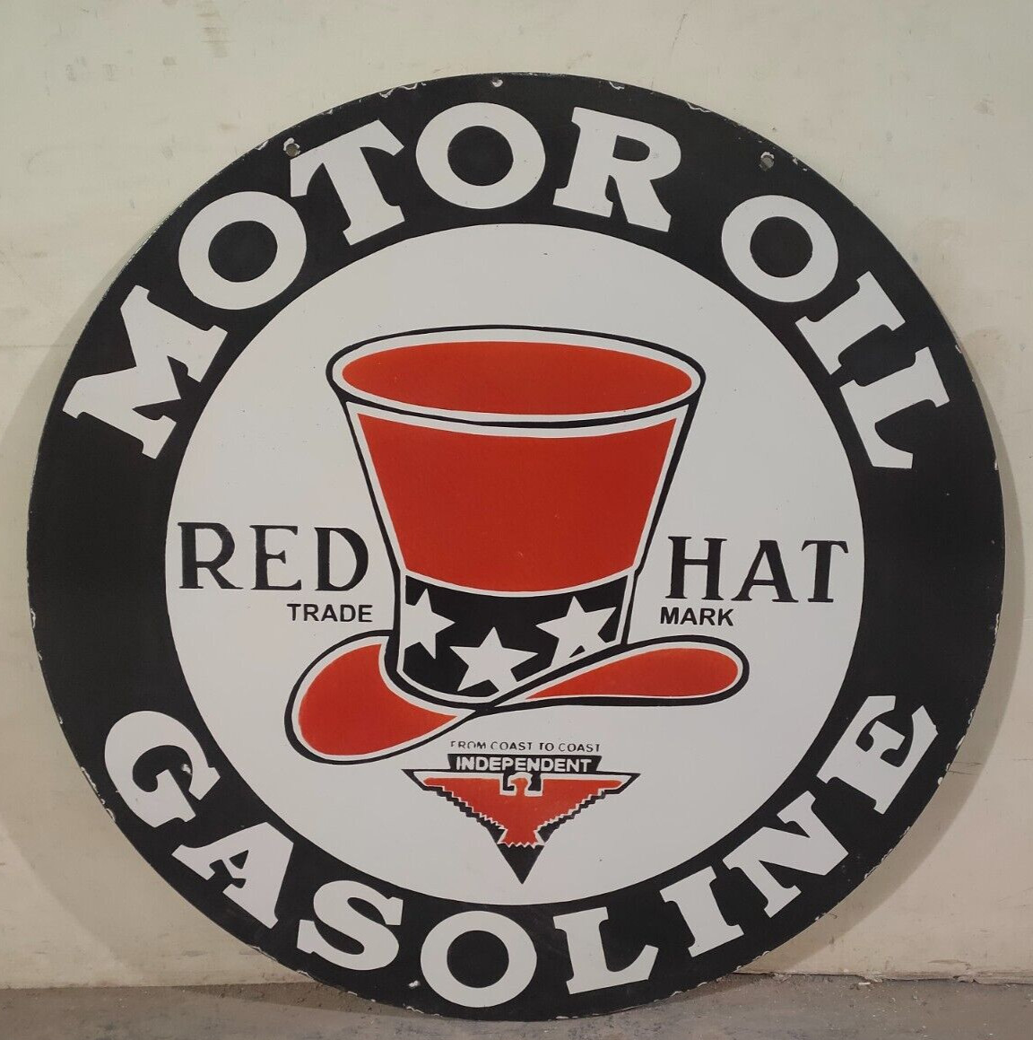 Vintage Red Hat Motor Oil Gas & Oil Porcelain Enamel Sign.