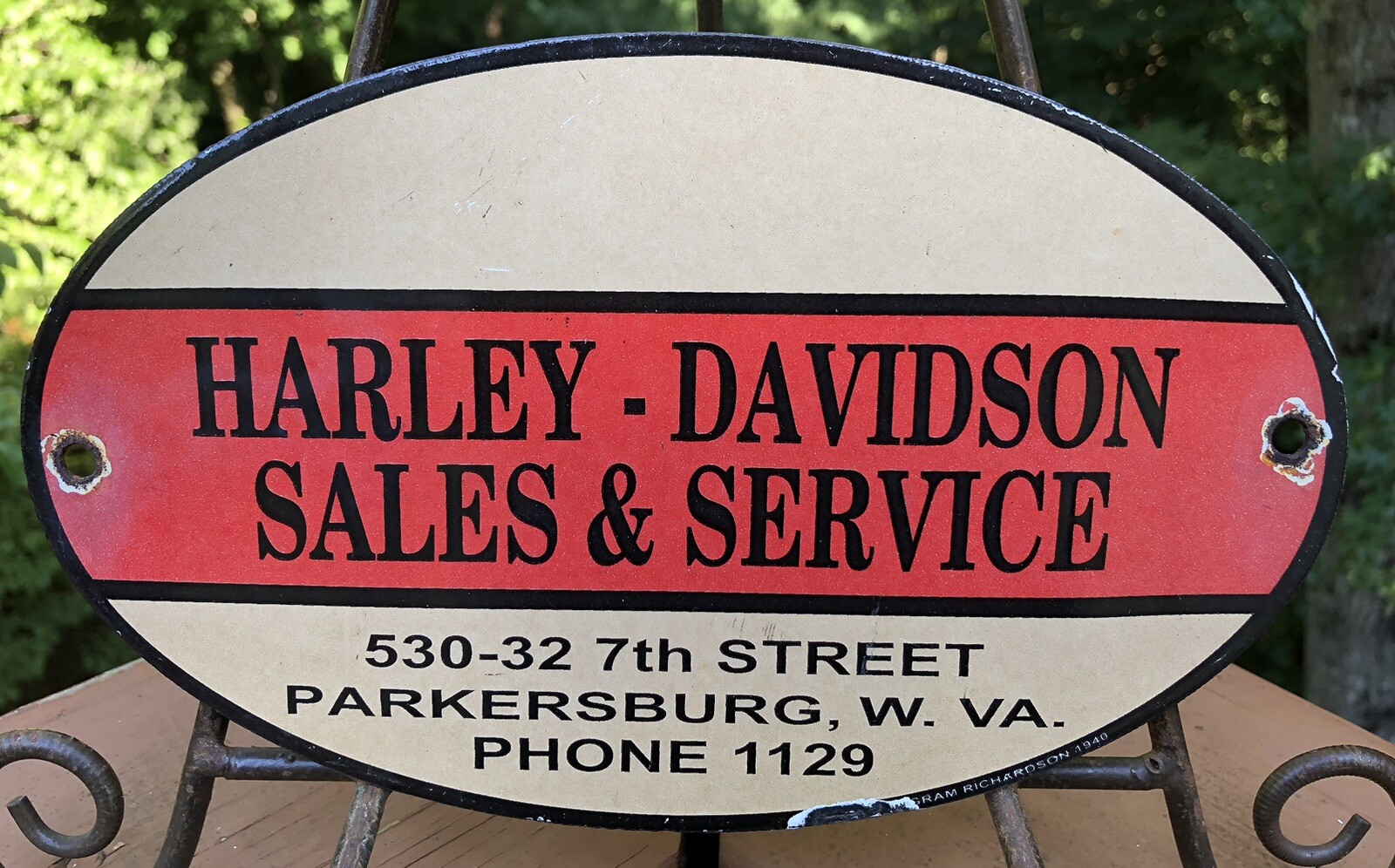 VINTAGE HARLEY DAVIDSON MOTORCYCLES SALES SERVICE 9” PORCELAIN SIGN PARKERSBURG